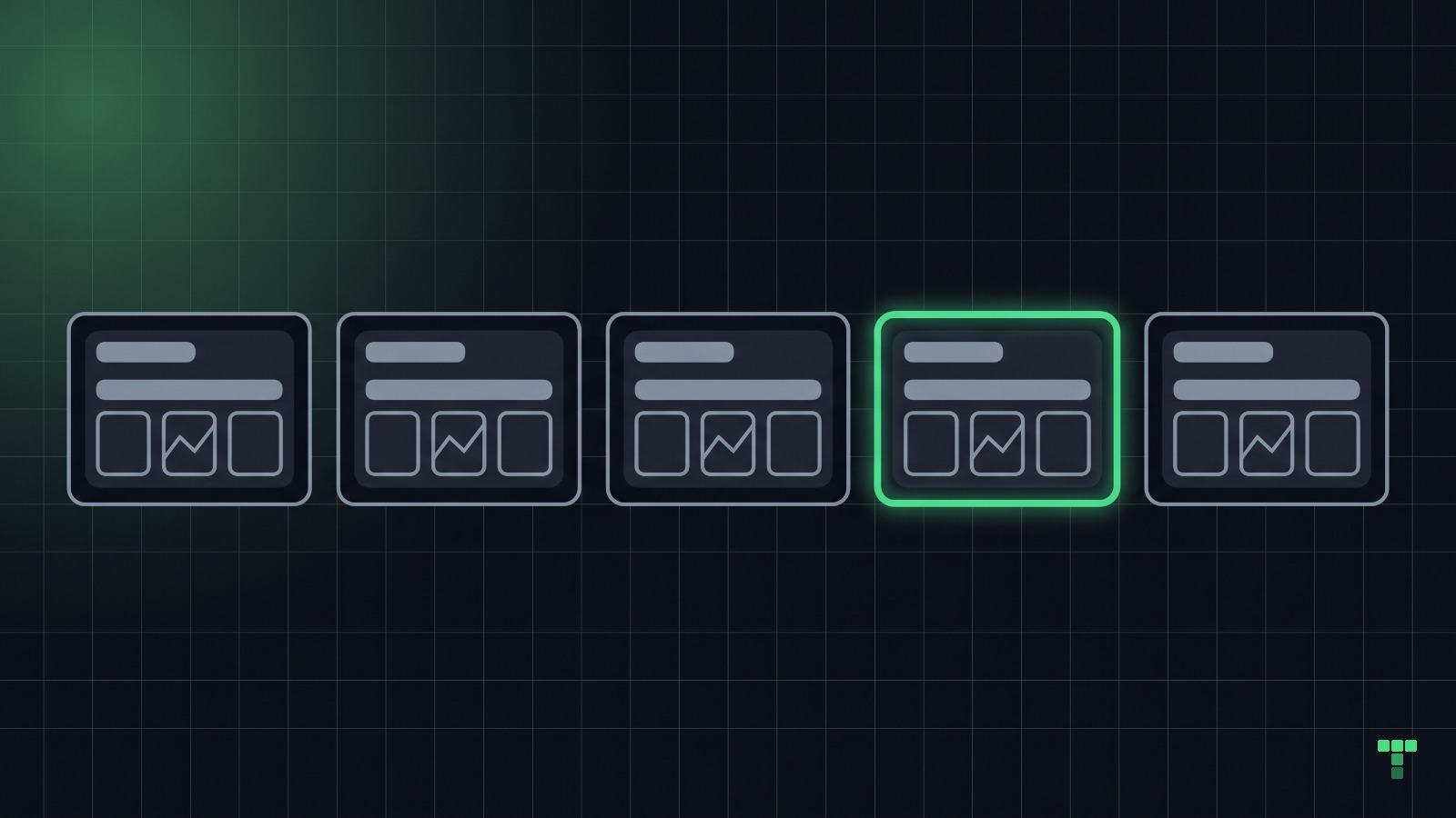A row of five identical small window screens, each with the same interior of one bar and three tiny cards; one screen's frame glows green.
