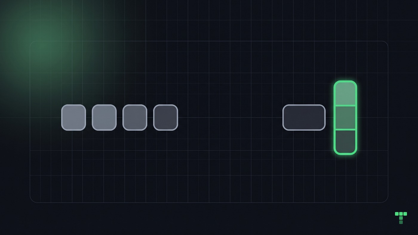 Four identical rounded buttons in a row, each a slightly different grey; on the right one button with a neat vertical ladder of three shade steps beside it, the ladder glowing green.