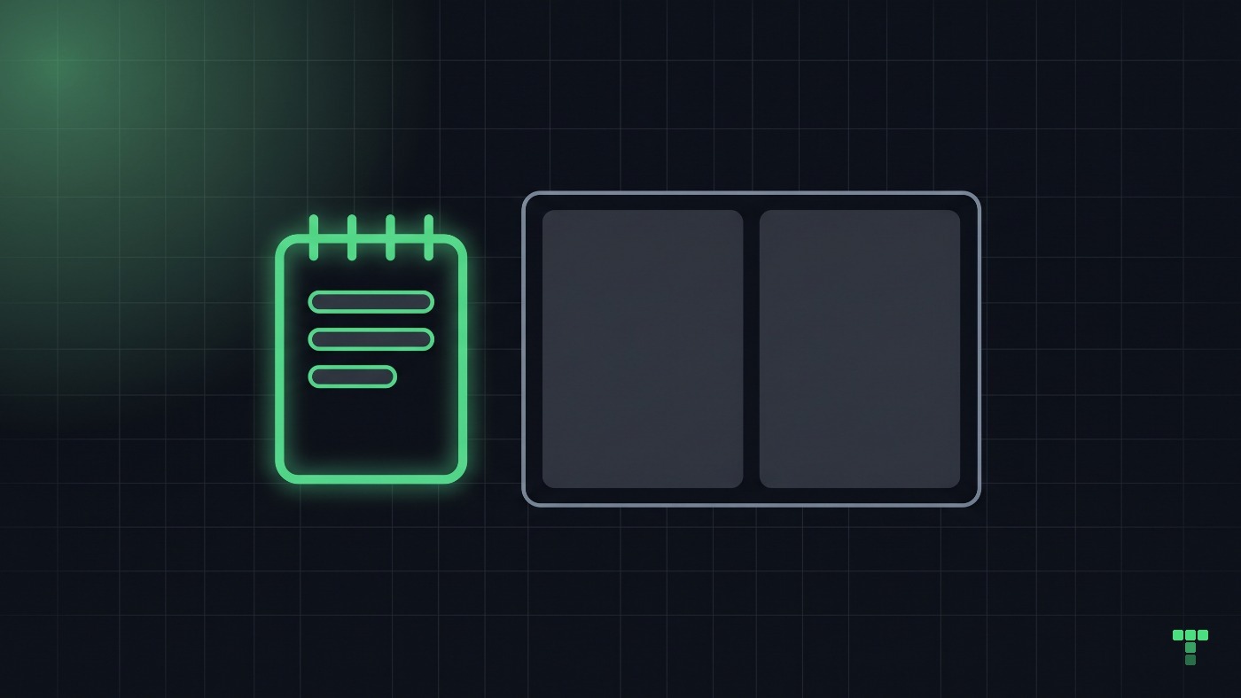 A small notebook with three plain bars on its page, glowing green, beside one screen split into two panels of almost the same dark grey.