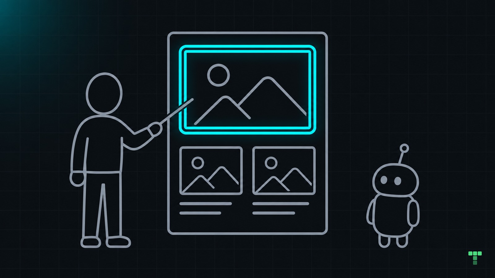 A person points to the main image on a page while a small robot watches.
