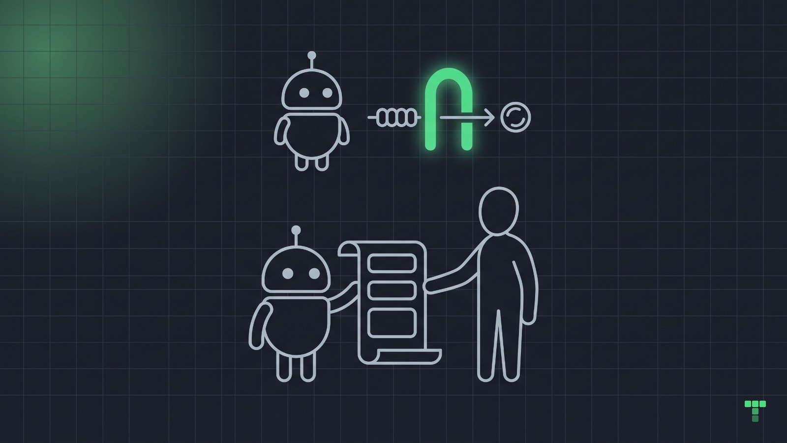 A dark card with two lanes: a robot sends four beads along an arrow through a glowing green arch to a stamp; below, the same robot hands a long scroll of lines to a person.