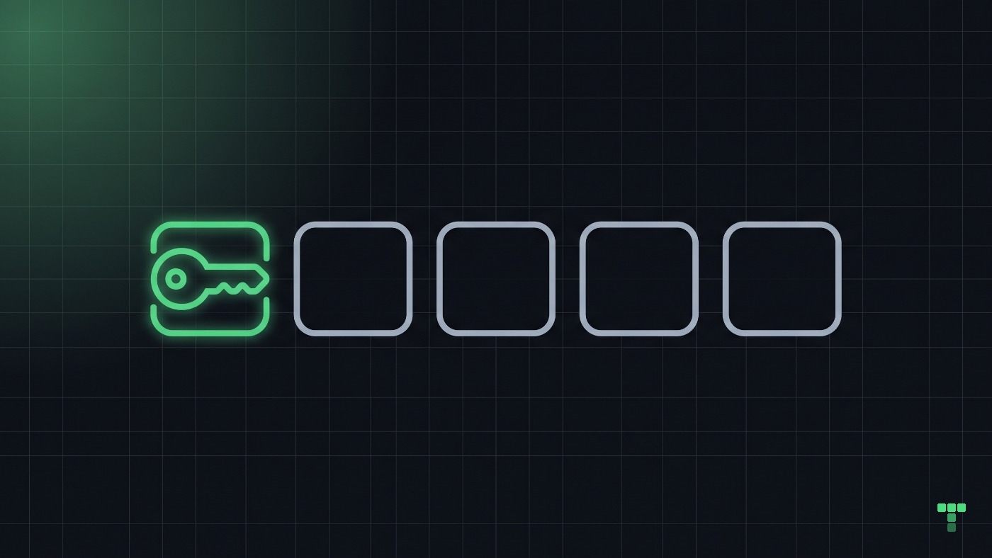 A dark card with a row of five identical rounded tiles, one of them shaped like a glowing green key.