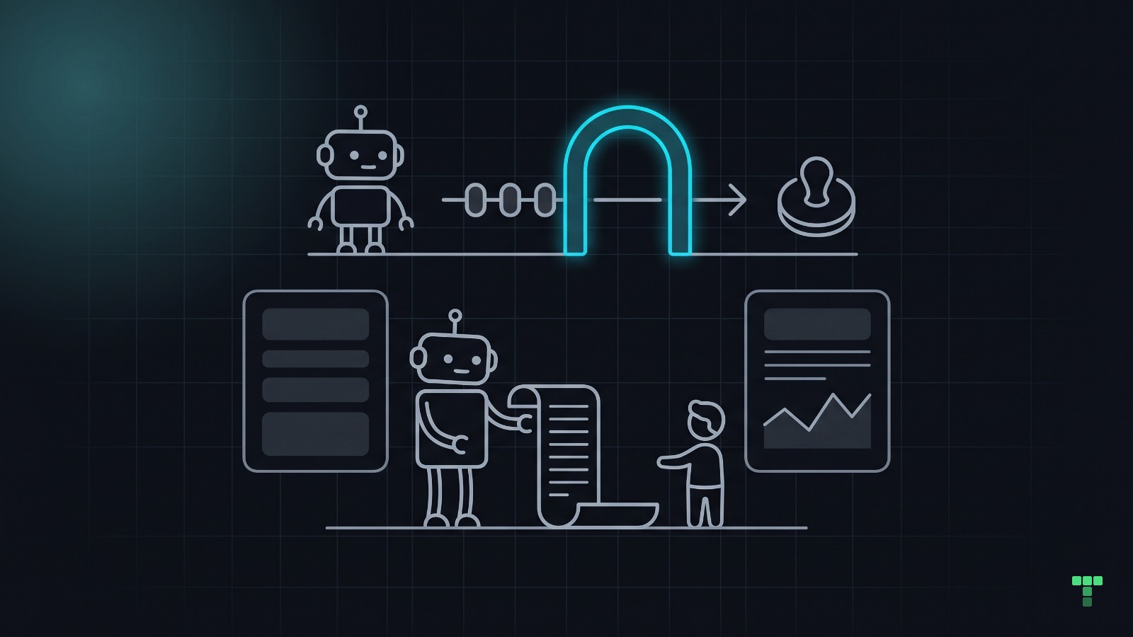 A robot passes four small beads through a glowing cyan arch to a stamp, then hands a scroll of thin lines to a person.