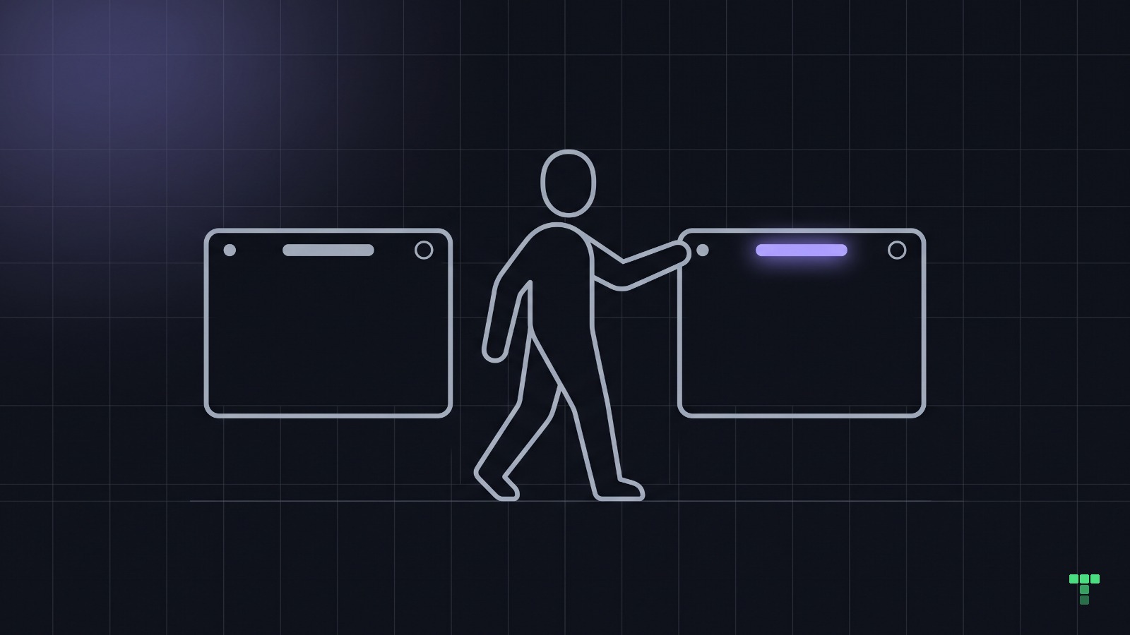 A person walking between two small screens that share the same layout, a dot at the top left, a bar at the top centre and a circle at the top right, reaching for the top bar of the second screen