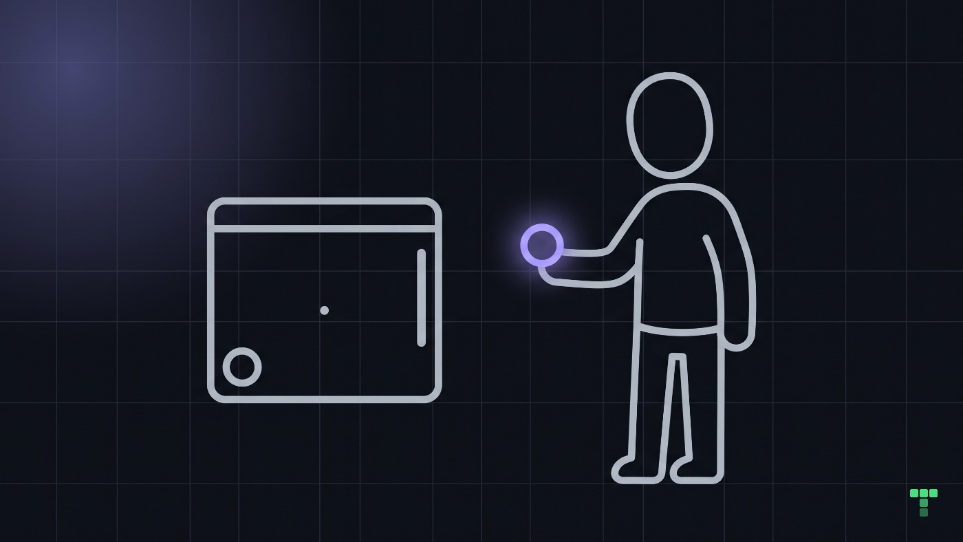 A small screen with a circle in the bottom corner, an upright bar on the right edge and a dot in the middle, and a person beside it holding out a coin