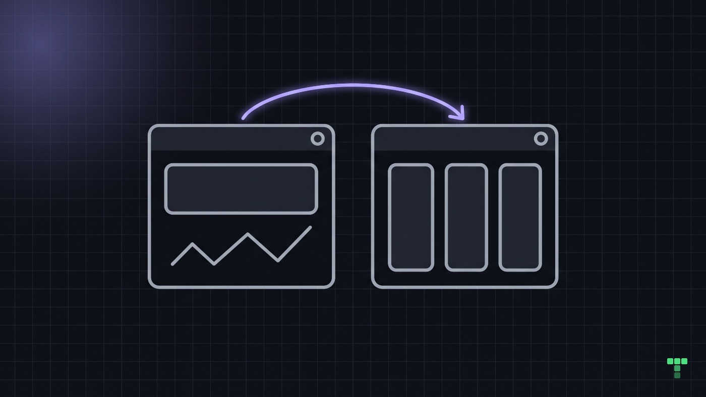 Two small screens side by side, one with a wide block and one with three tall columns, each with the same small circle in its top right corner, joined by a curved arrow