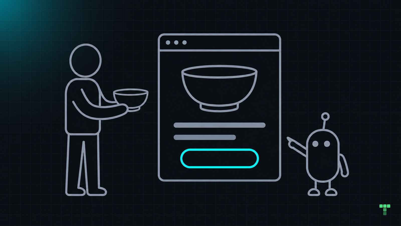 A person holds a bowl beside a page showing the same bowl and a button.