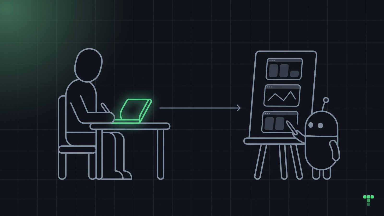 A person at a desk writing in a small open notebook, an arrow from the notebook to a small robot at an easel drawing three small screens.