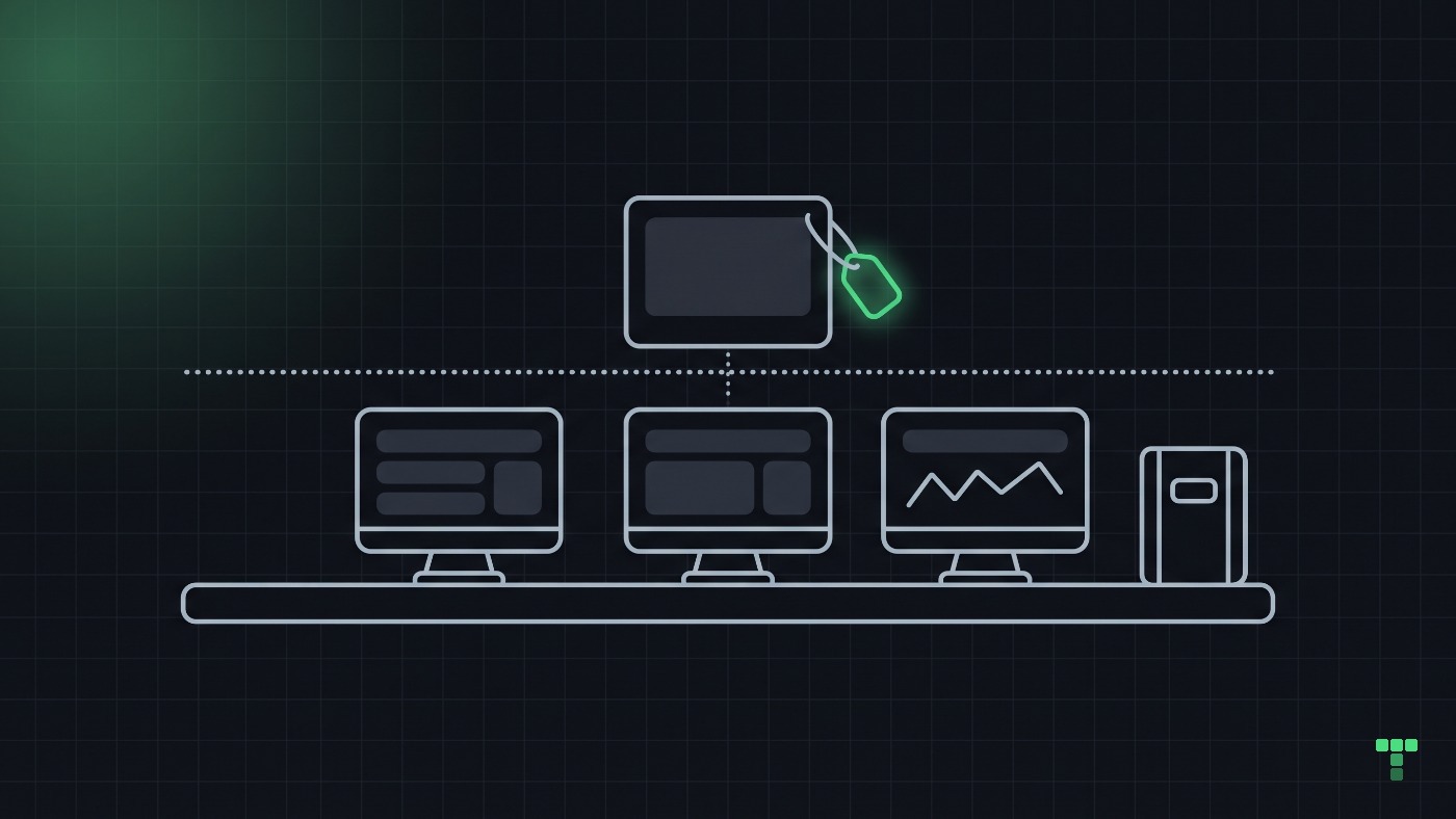 Three small screens standing on one low bar, a dotted line above them, a fourth screen above the line with a small tag, a closed ledger book at the right.