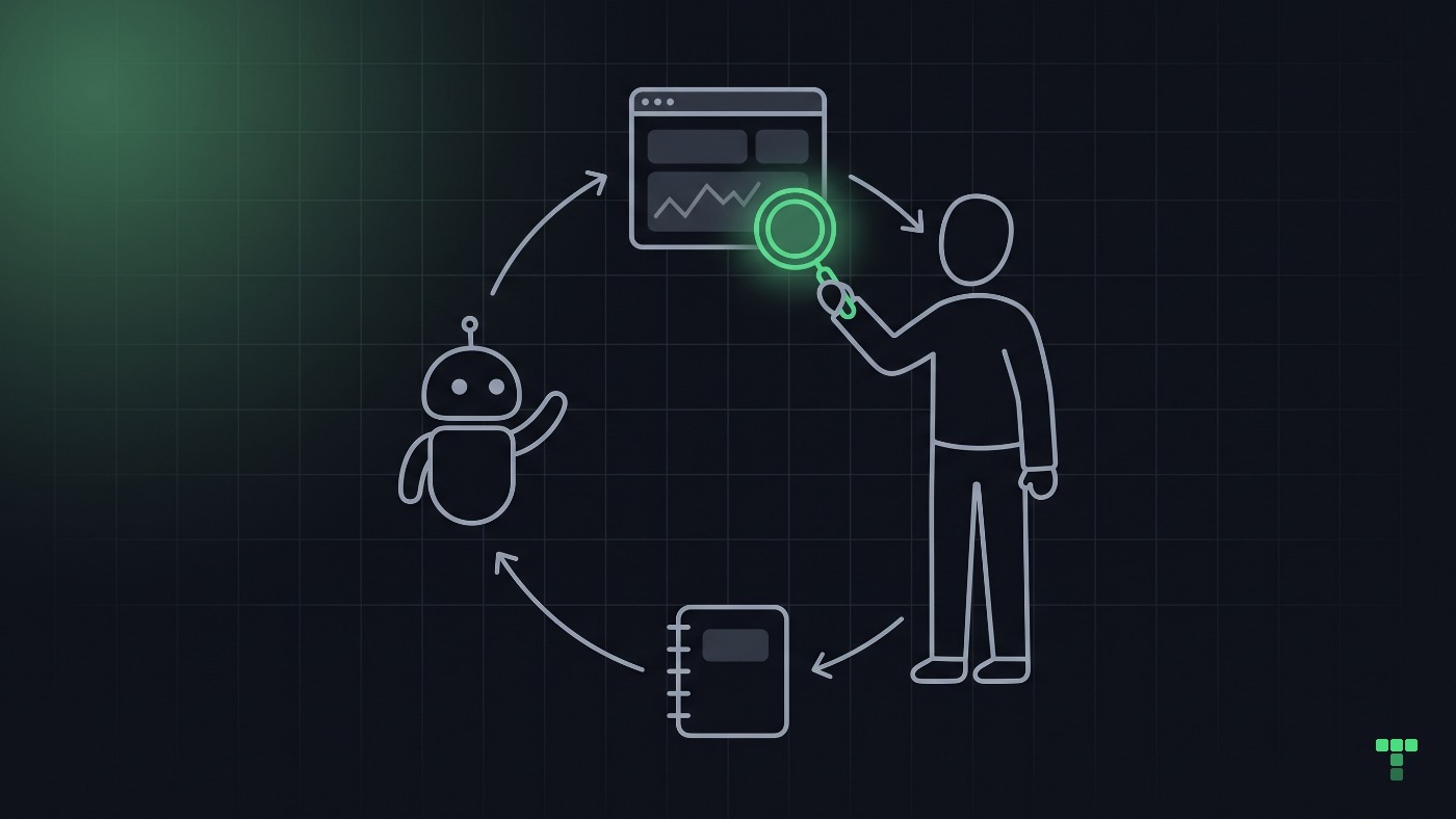 Four elements on a ring: a screen at the top, a person holding a magnifying glass up to it, an open notebook at the bottom, a robot with one arm raised at the left, arrows running clockwise.