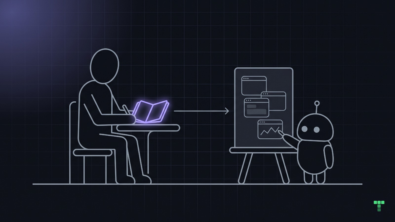 A person at a desk writing in a small open notebook that glows violet, with an arrow to a robot at an easel holding up small window screens.