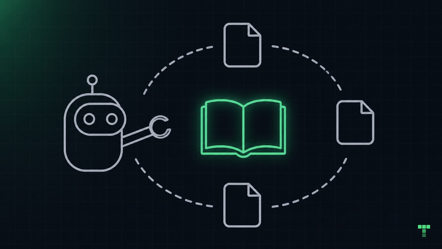 A small robot reaches toward a glowing open notebook while three page tiles loop back around it.