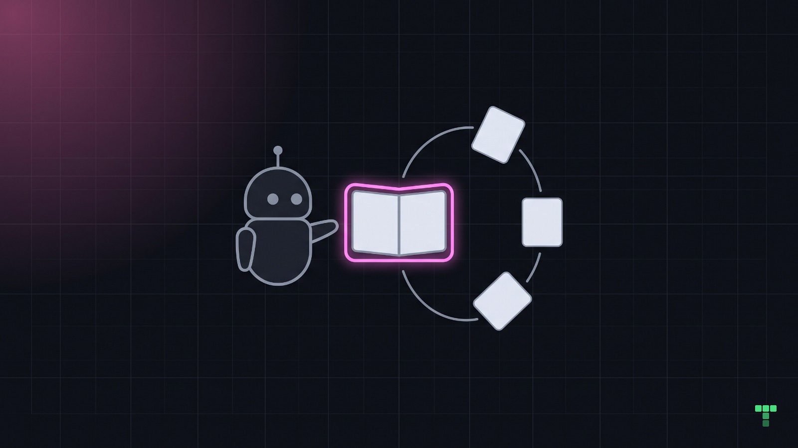 A robot reaches toward a small open notebook that glows magenta, with three pale tiles forming a loop back toward the robot.