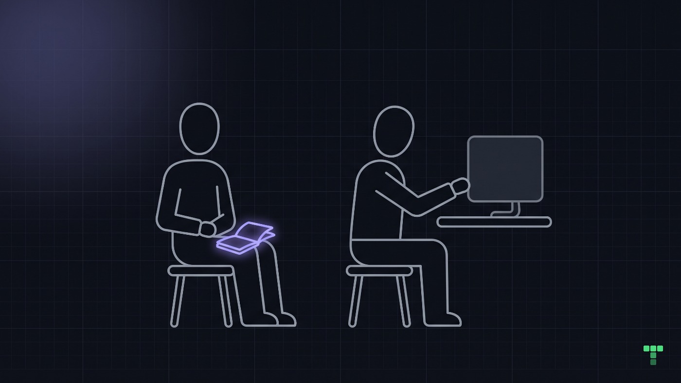 One person seated at a small desk reaching toward a screen, a second person seated further back with hands in their lap and an open notebook on their knee