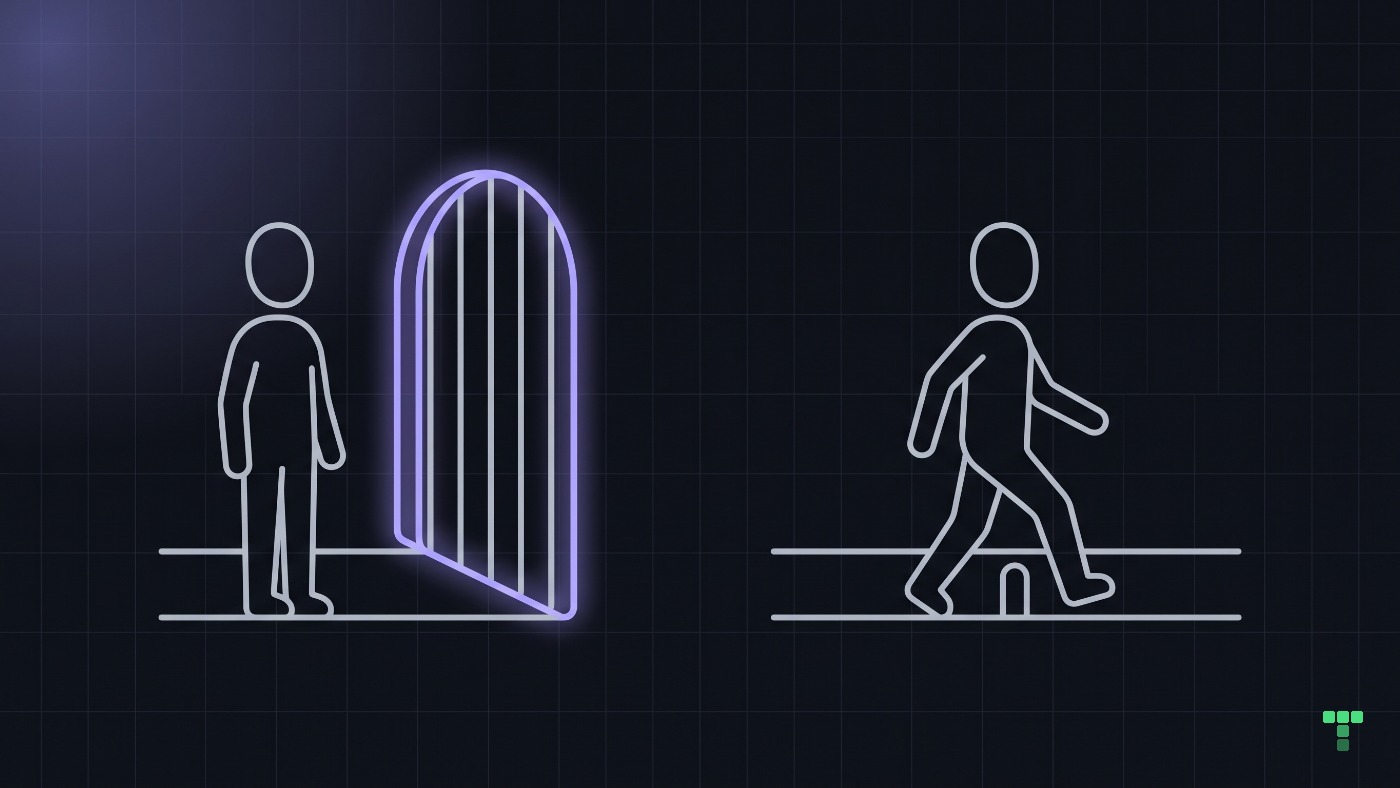 On the left a person stopped beside a tall closed gate on a path; on the right a person stepping over a small low bump on the same kind of path