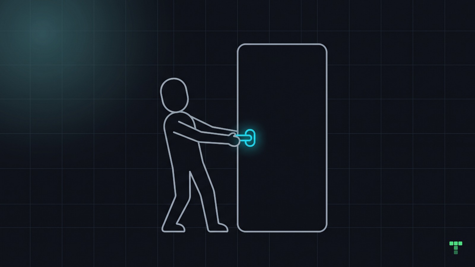 A person gripping a door handle on a tall plain slab and leaning back to pull it; the slab has no opening, and the handle is the one highlighted element.