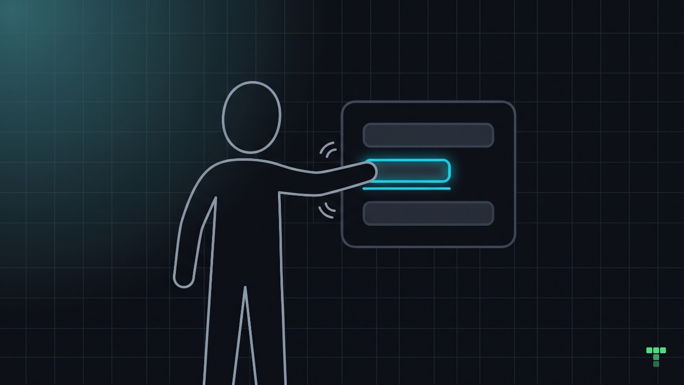 A person pressing the middle row of a small screen, which carries an underline and is the highlighted element; small arcs by the hand show a second press, and the screen does not change.
