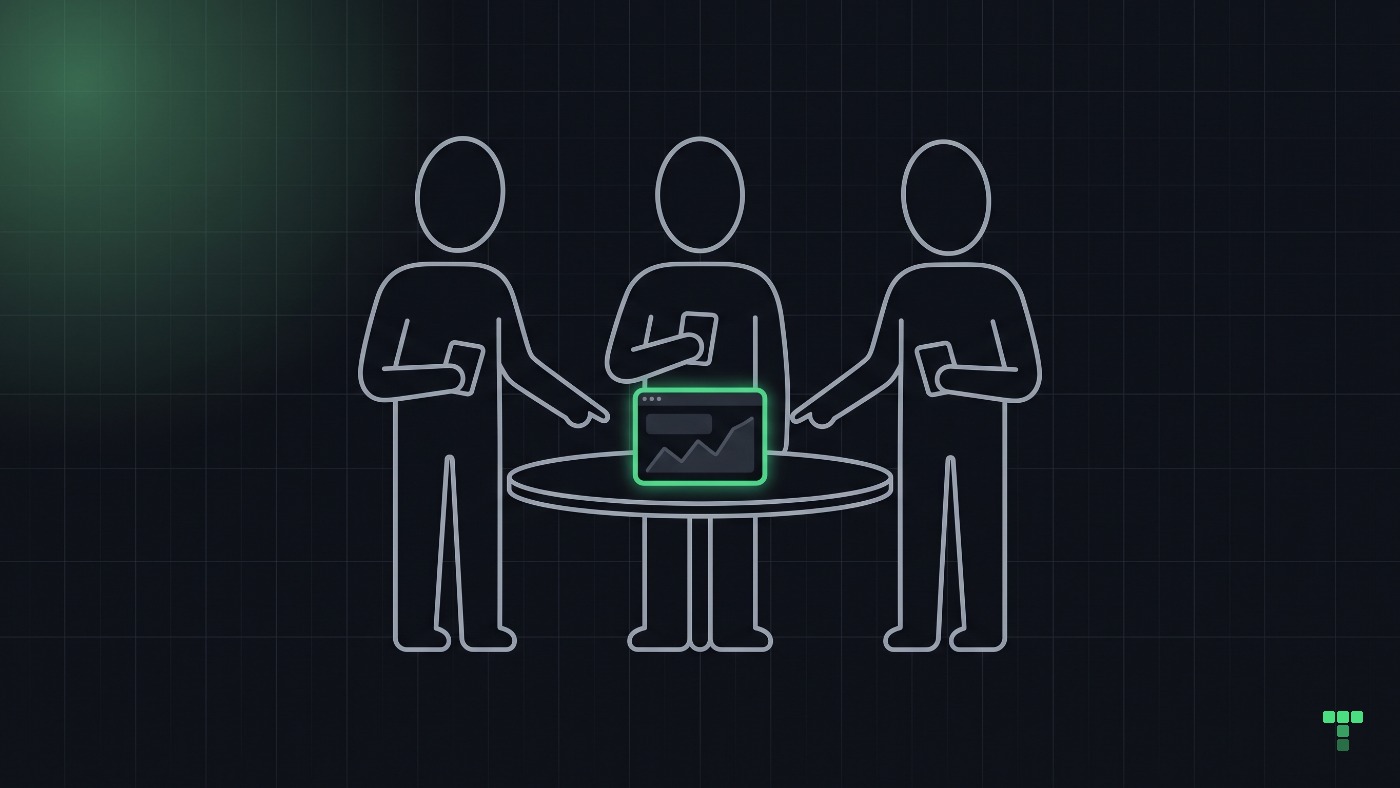 A dark card: three outlined figures around a round table, each holding a card, pointing at one screen in the middle with a glowing green frame.
