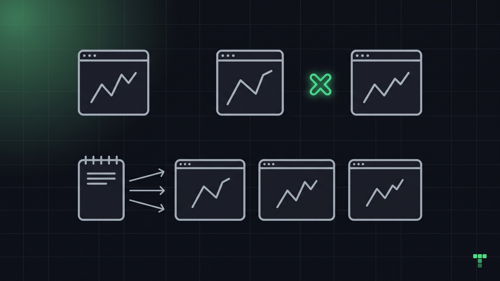Three small window screens with charts, a glowing green cross floating between two of them, above a notebook with three arrows to three matching screens.
