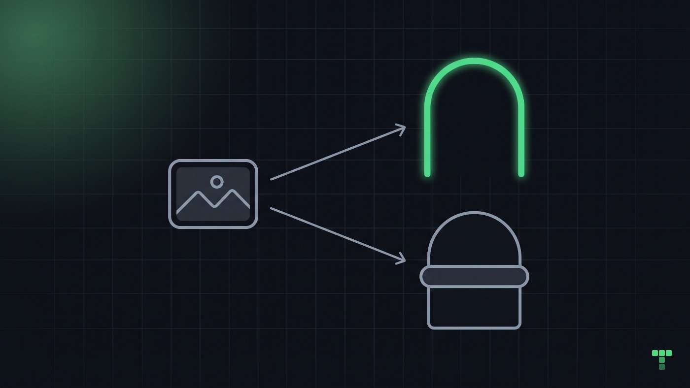 A small picture frame with two arrows leaving it. One arrow ends at a wide open arch drawn in glowing green. The other ends at an arch of the same size whose opening is closed off by a solid bar.