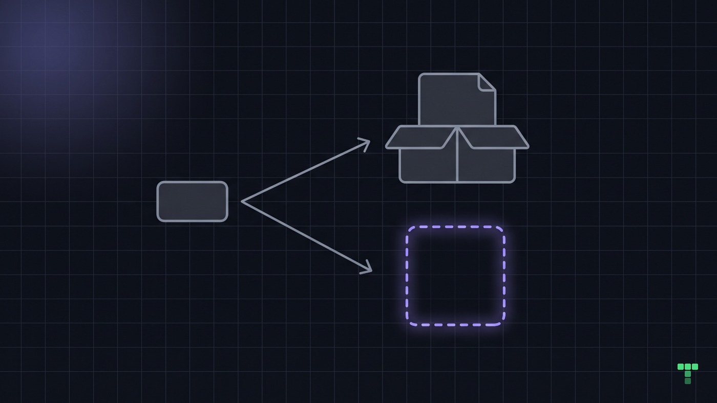 One small button with two arrows fanning out: the upper arrow reaches an open box with a page resting safely inside, the lower arrow reaches an empty dashed outline where a page would be