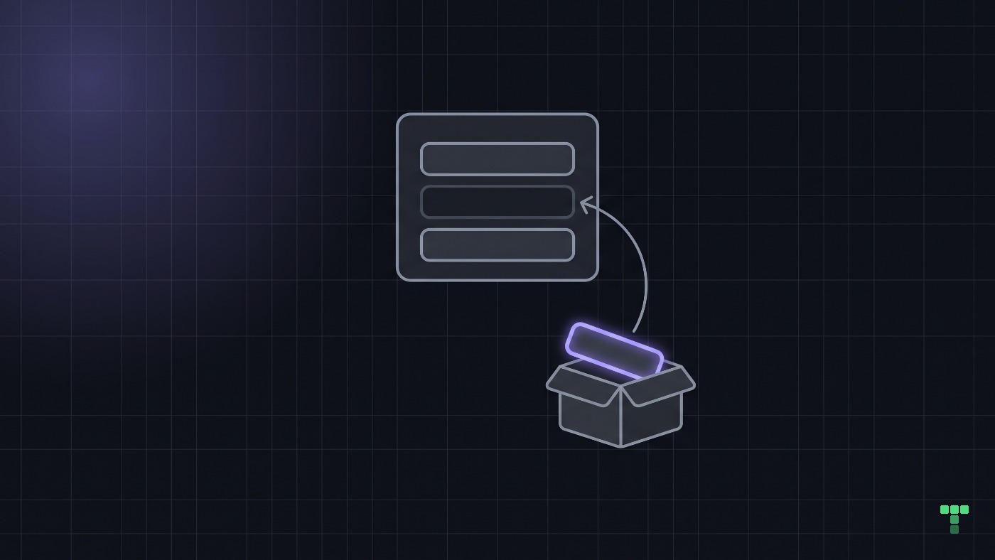 A small screen with three rows where the middle one is an empty slot, an open box below it holding the missing row, and a curved arrow from the box back into the slot