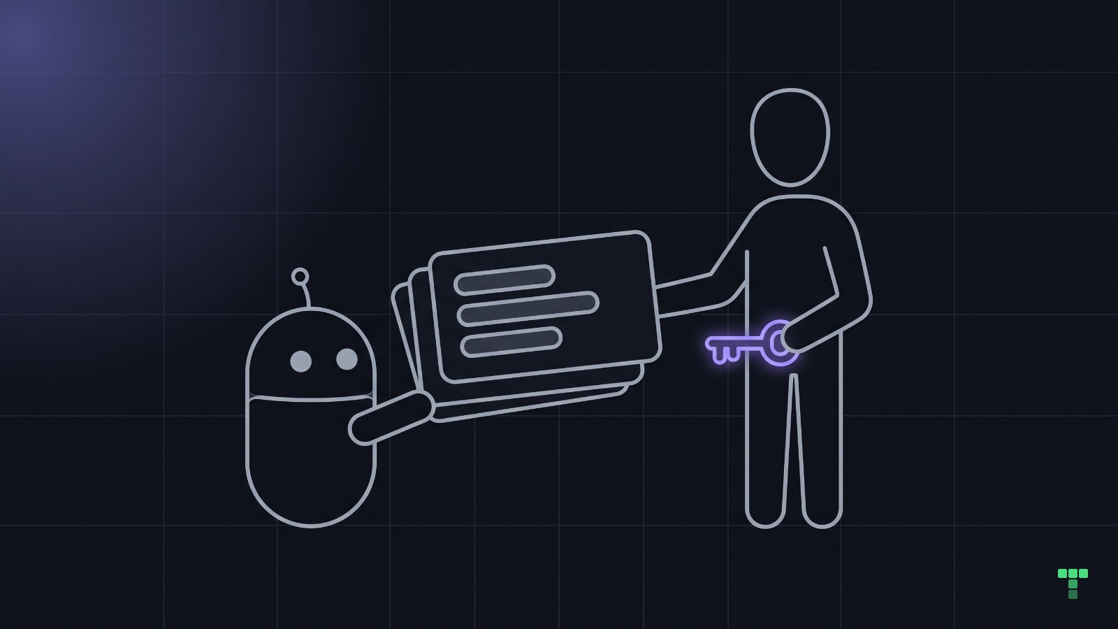 Generated illustration of a robot handing interface panels to a person holding a violet key