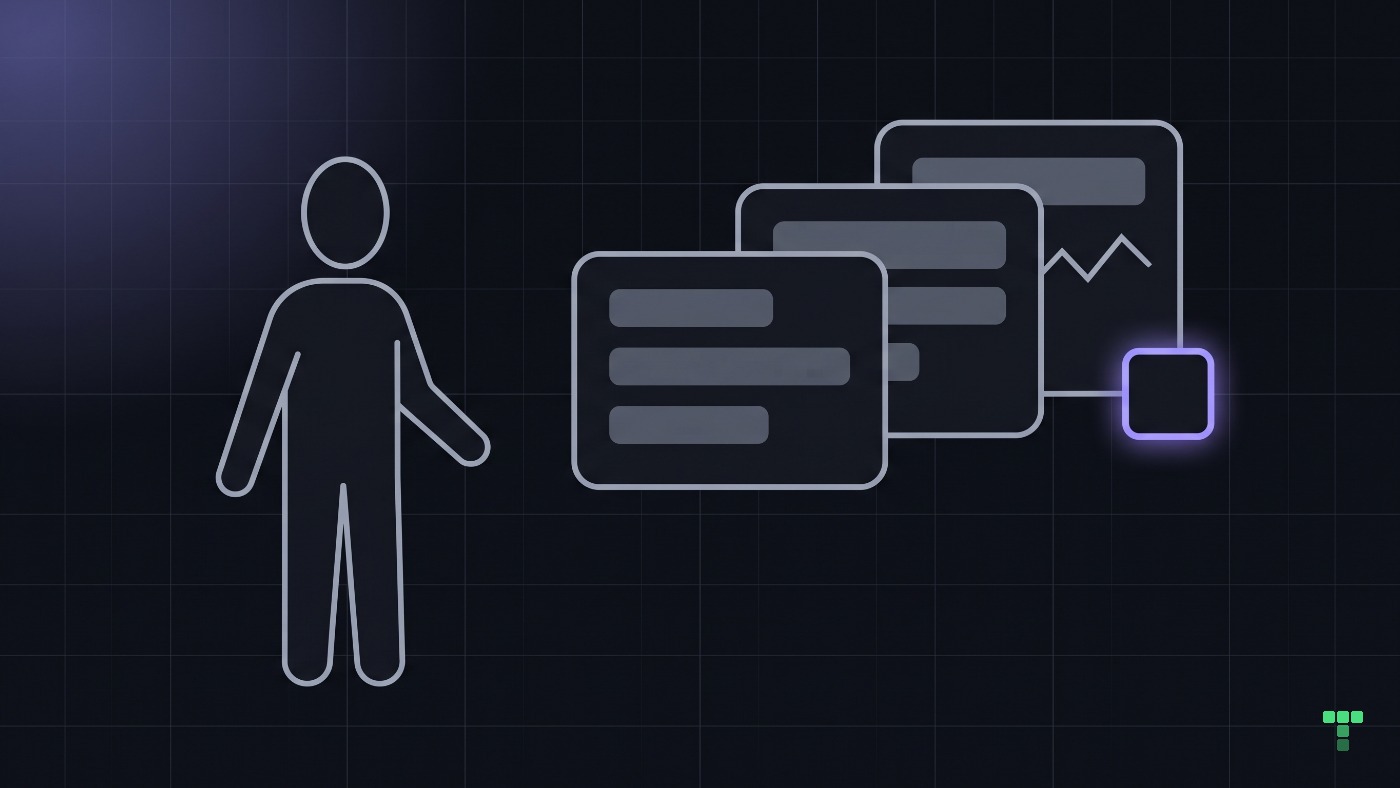 A person facing overlapping panels while one small action sits out of reach