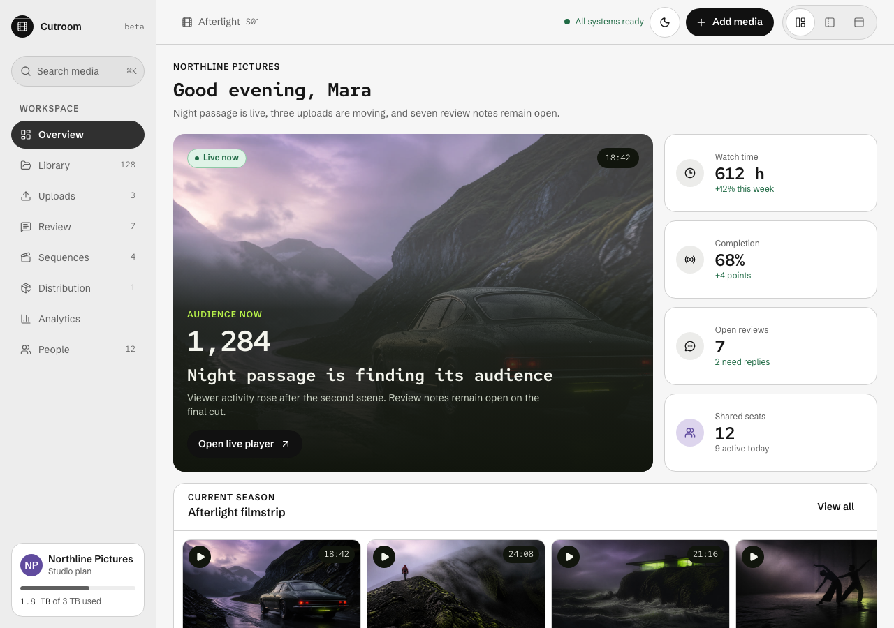 Cutroom Next.js media dashboard template — home page