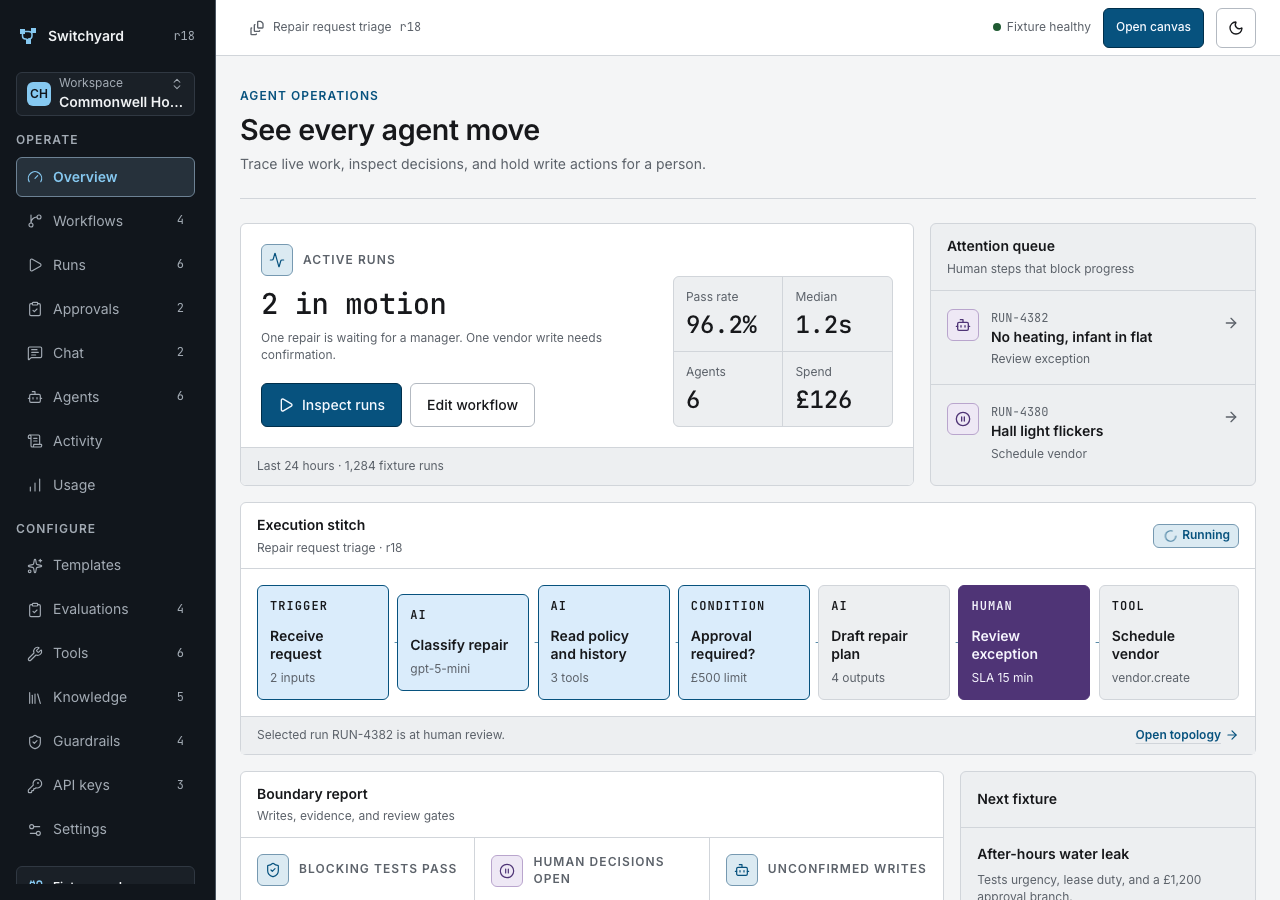 Switchyard AI agent dashboard template Next.js — home page