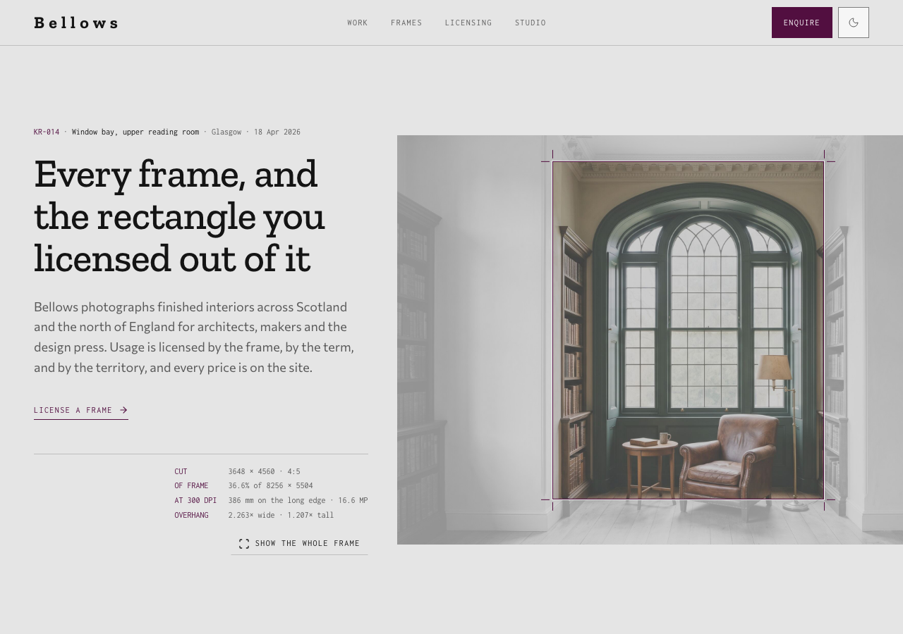 Bellows photography portfolio template Next.js — home page