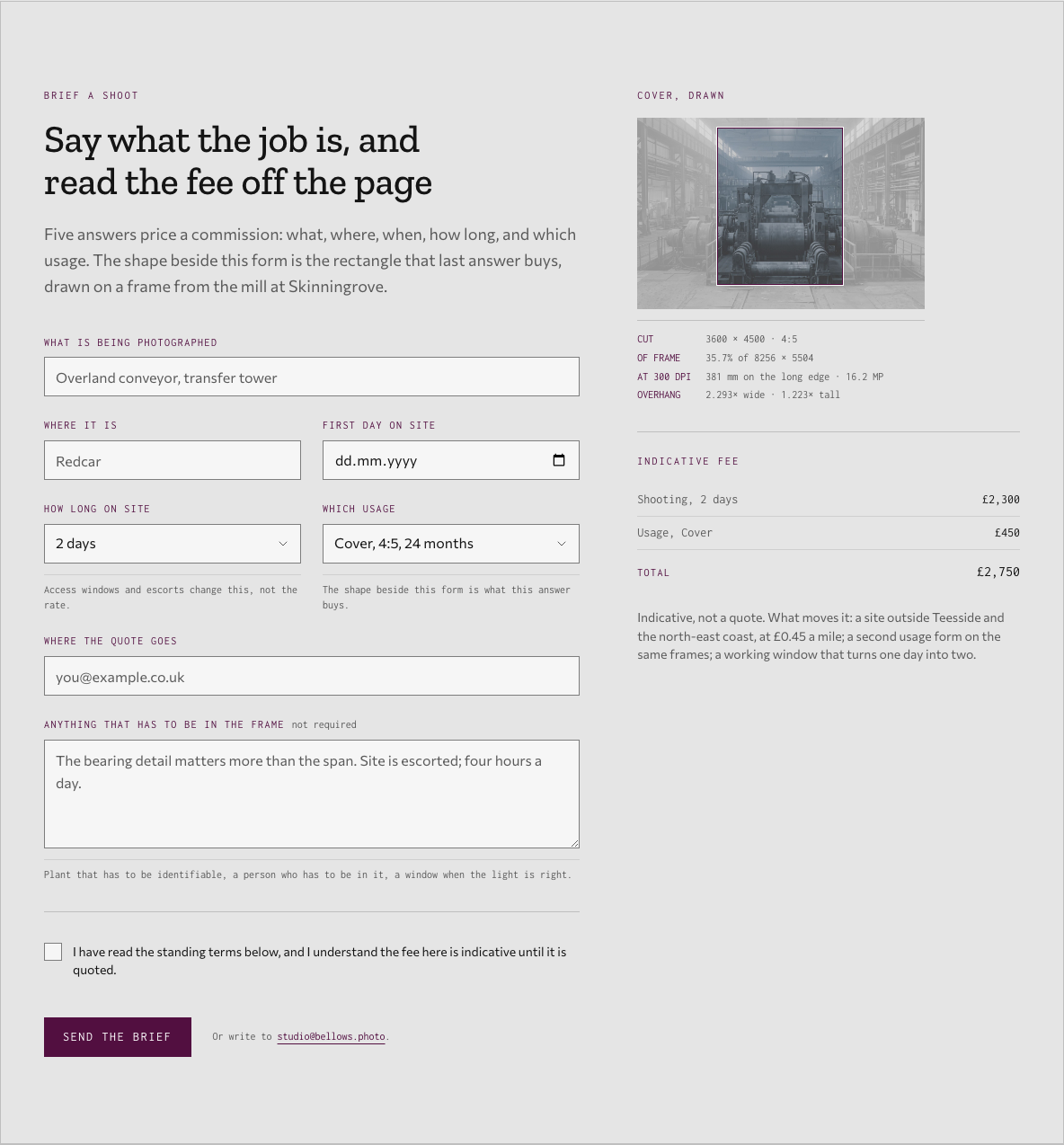 Bellows photography portfolio template Next.js — brief-form component