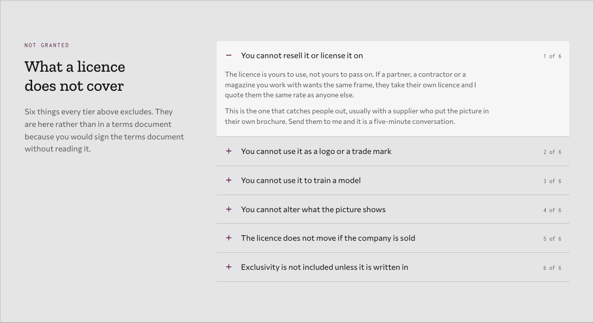 Bellows photography portfolio template Next.js — exclusions component