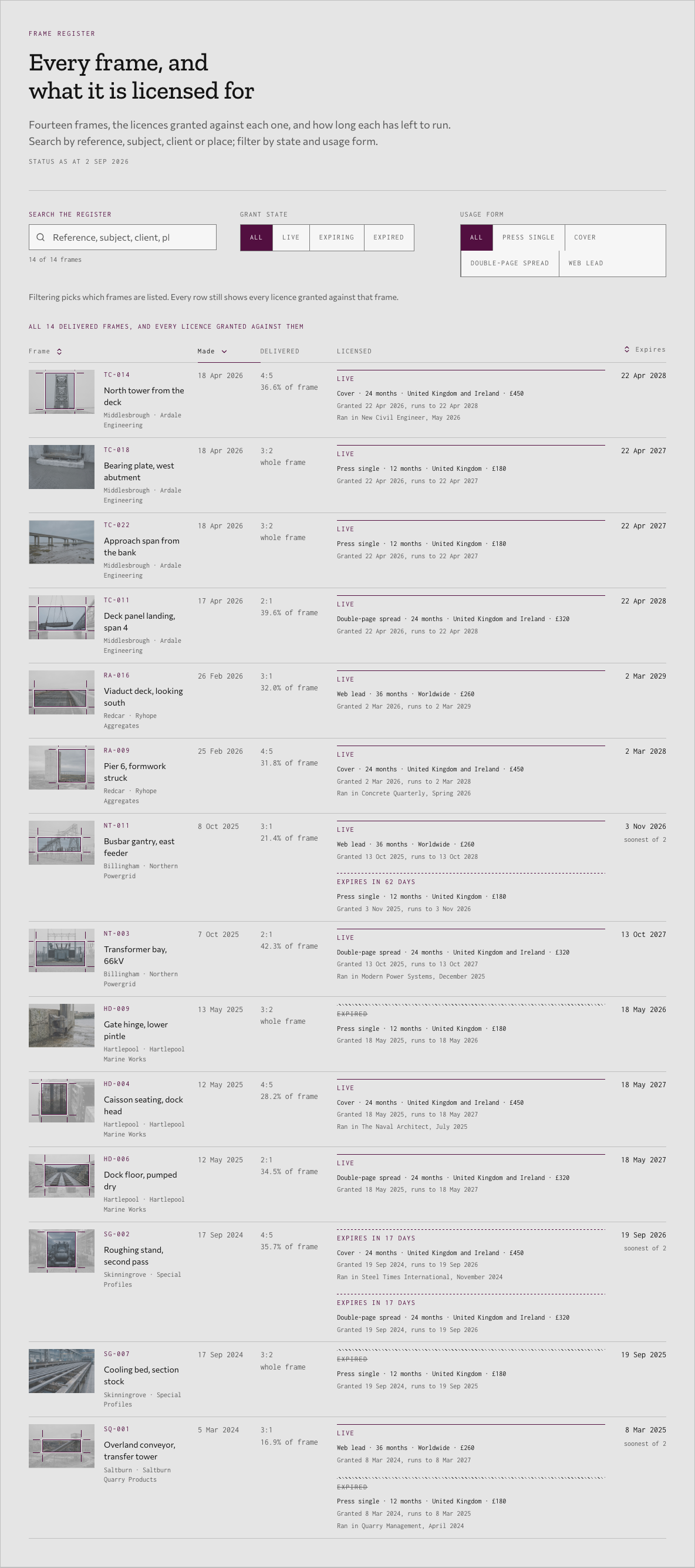 Bellows photography portfolio template Next.js — frame-register component