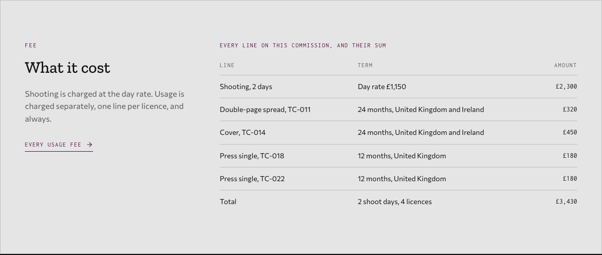 Bellows photography portfolio template Next.js — grants-table component