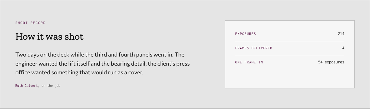 Bellows photography portfolio template Next.js — shoot-record component