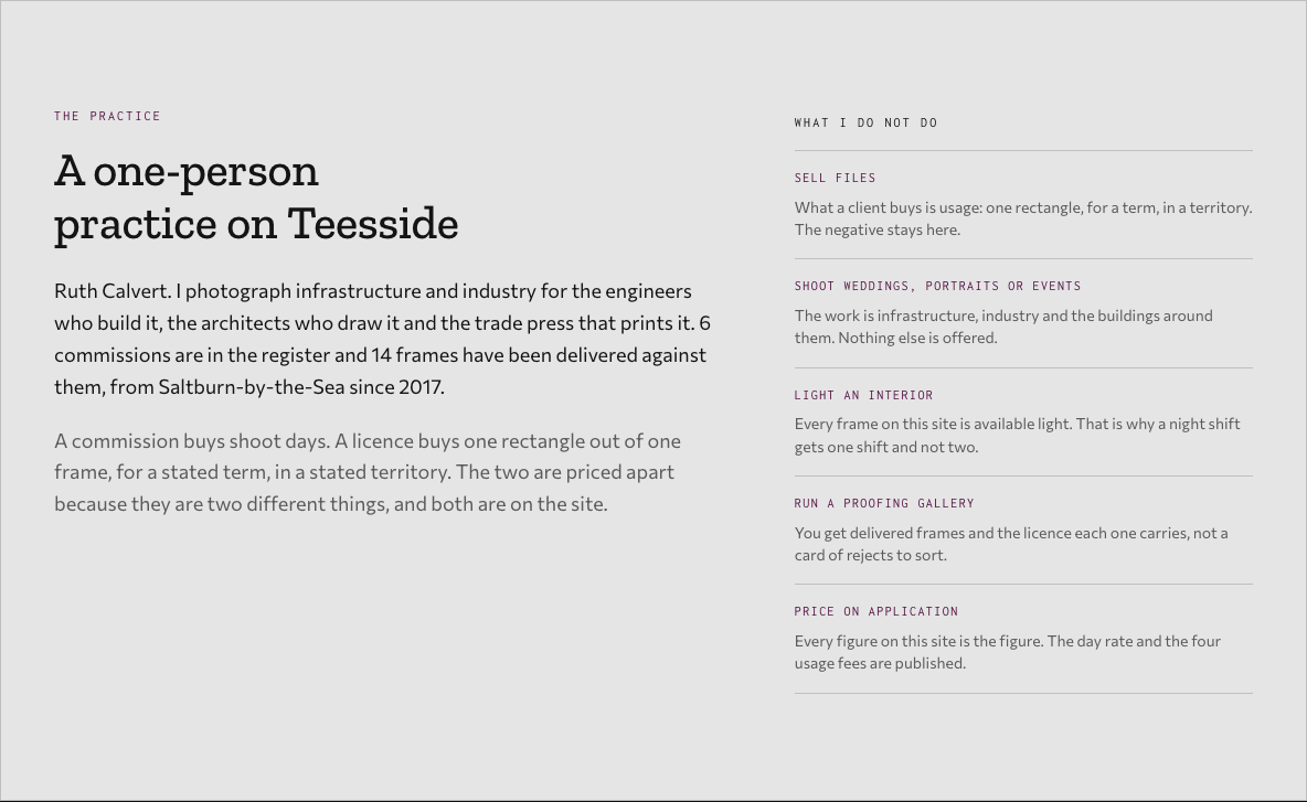 Bellows photography portfolio template Next.js — studio-statement component