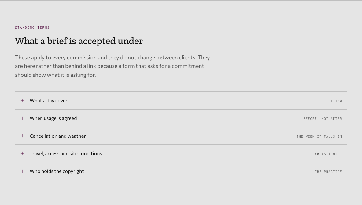 Bellows photography portfolio template Next.js — terms-summary component