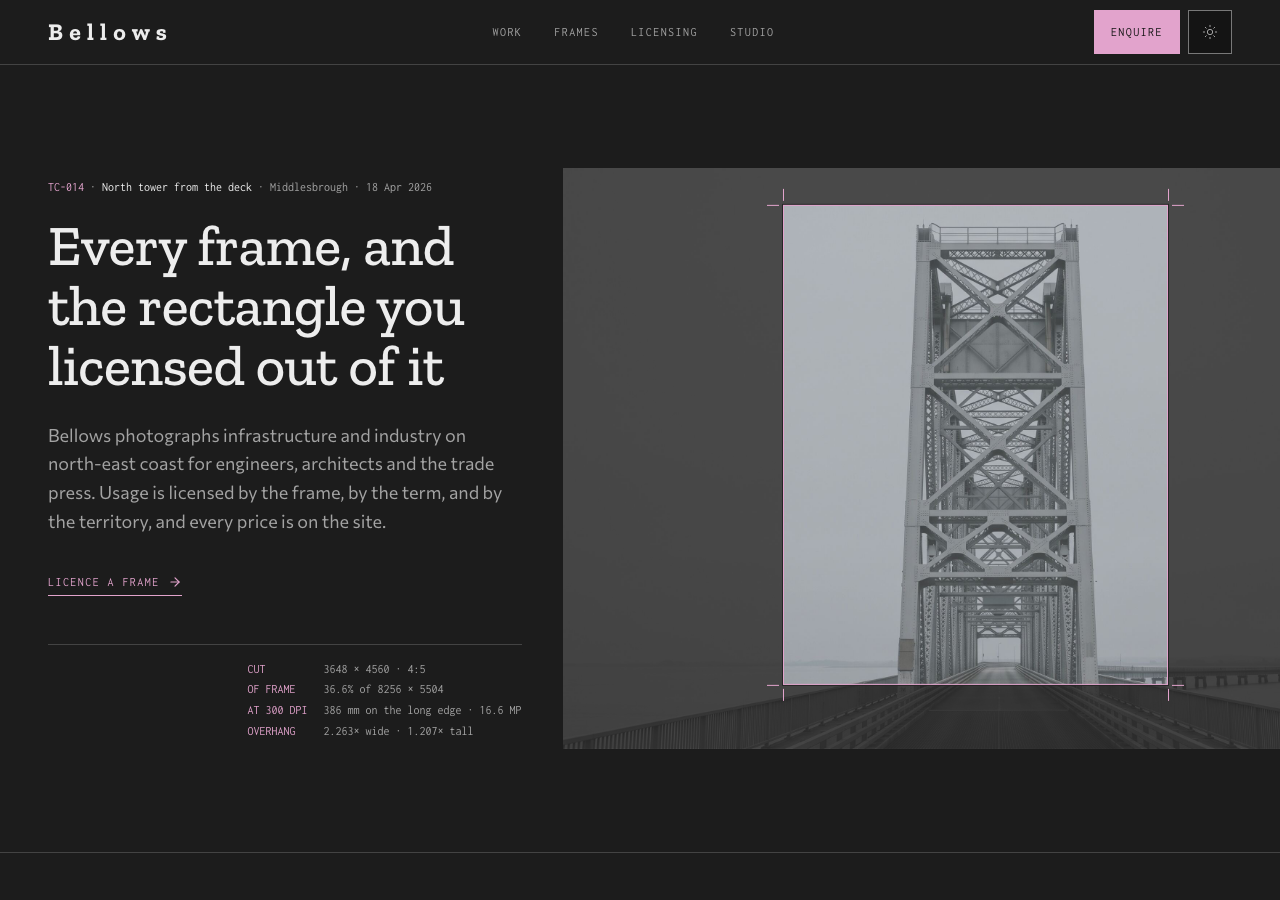 Bellows — Photography Portfolio & Licensing home page, dark mode