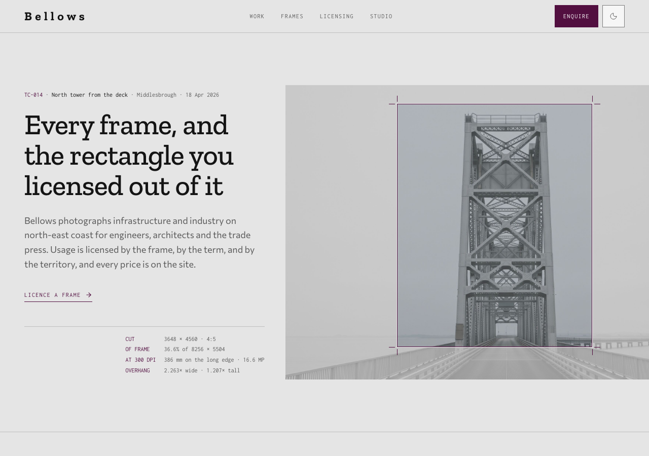 Bellows photography portfolio template Next.js — home page