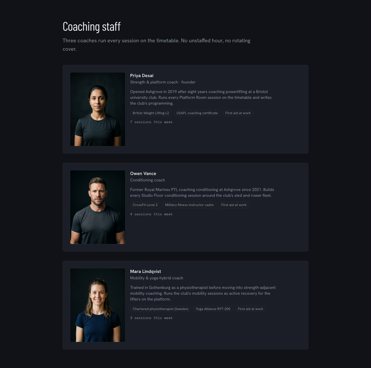 Circuit gym website template Tailwind react — coach-roster component