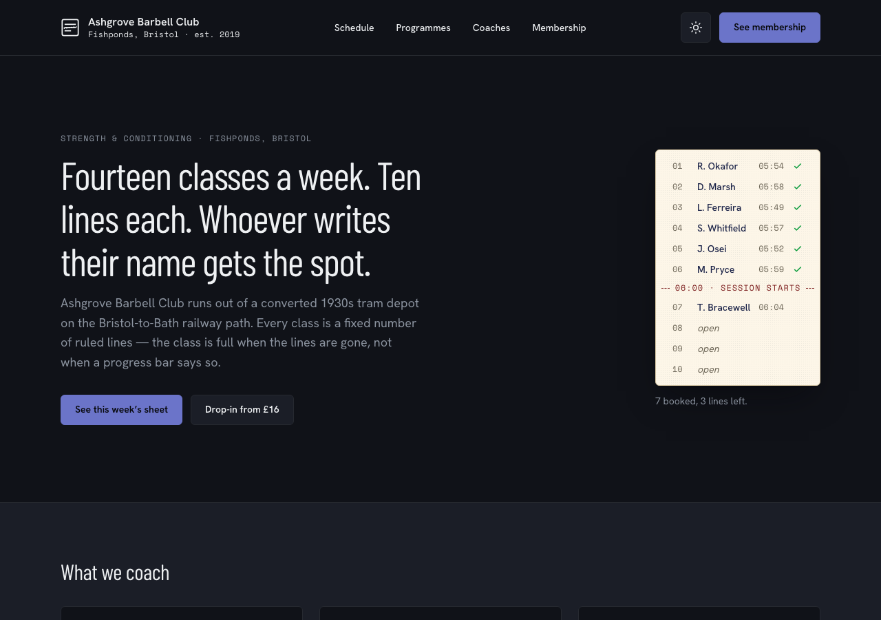 Circuit – Strength & Conditioning Gym home page, dark mode