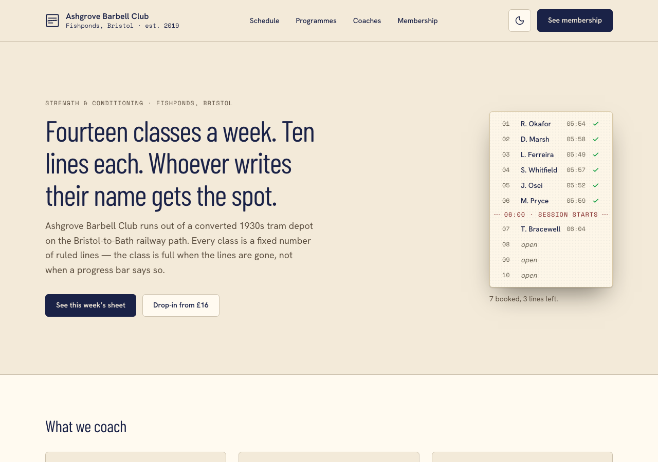 Circuit – Strength & Conditioning Gym home page, light mode