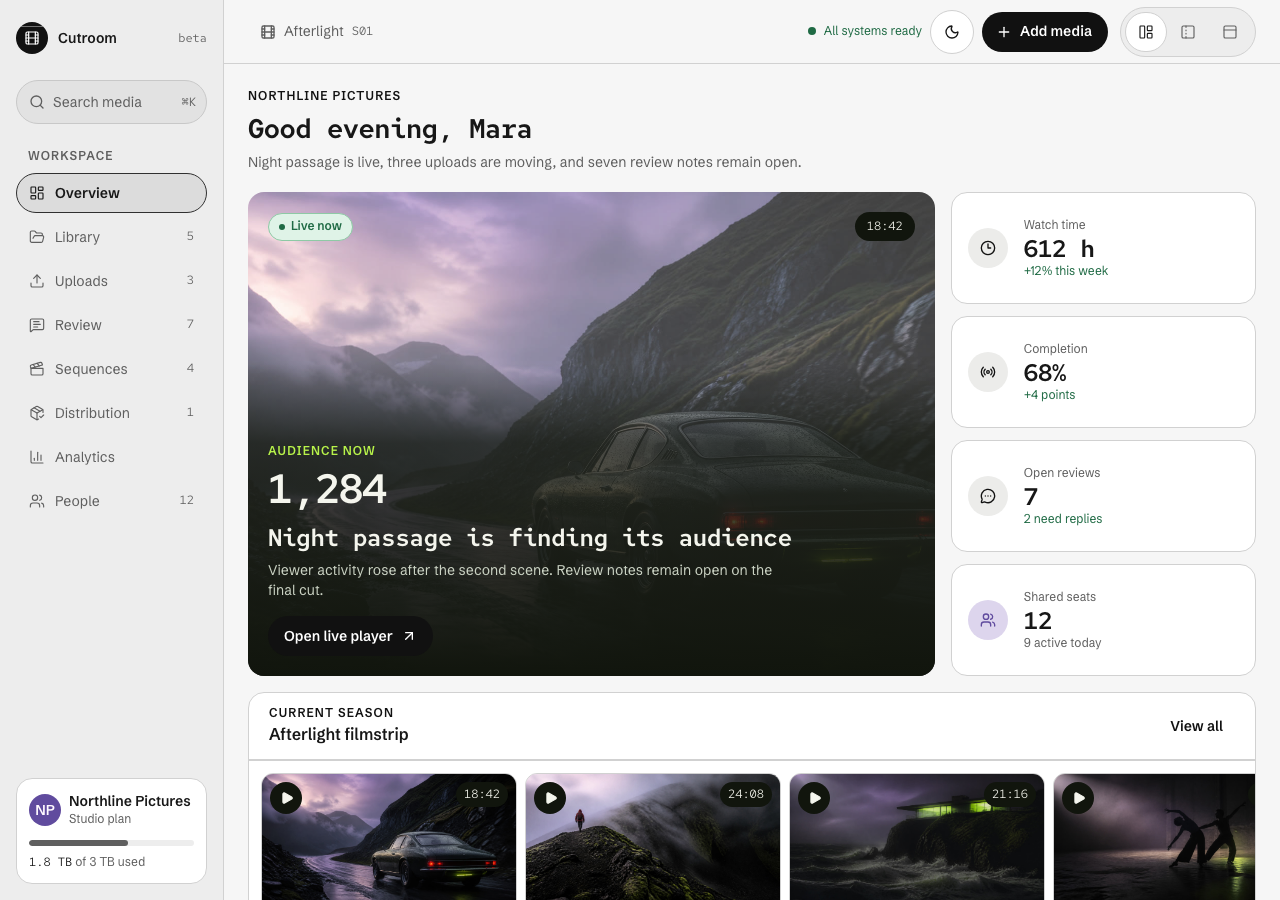 Cutroom Next.js media dashboard template — home page