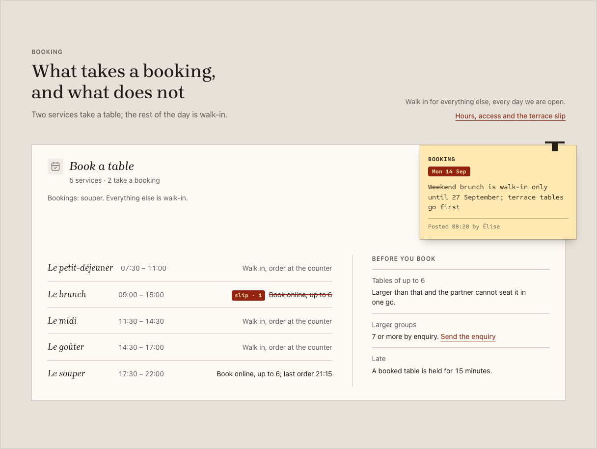 Carafe cafe website template Tailwind — booking-policy component