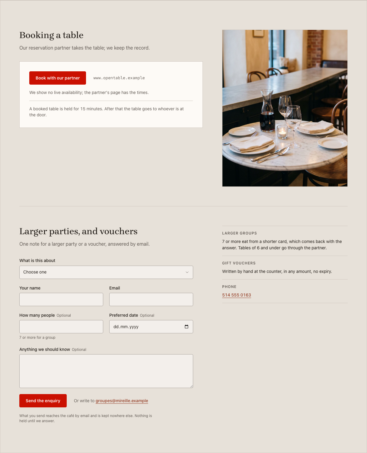 Carafe cafe website template Tailwind — booking-seam component