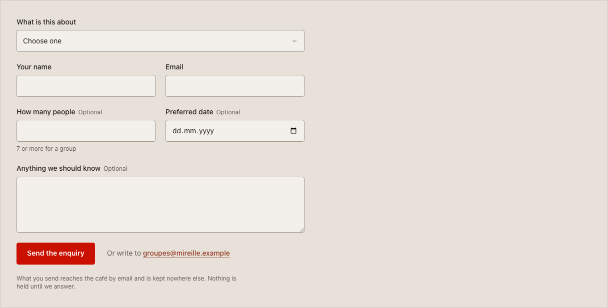 Carafe cafe website template Tailwind — enquiry-form component