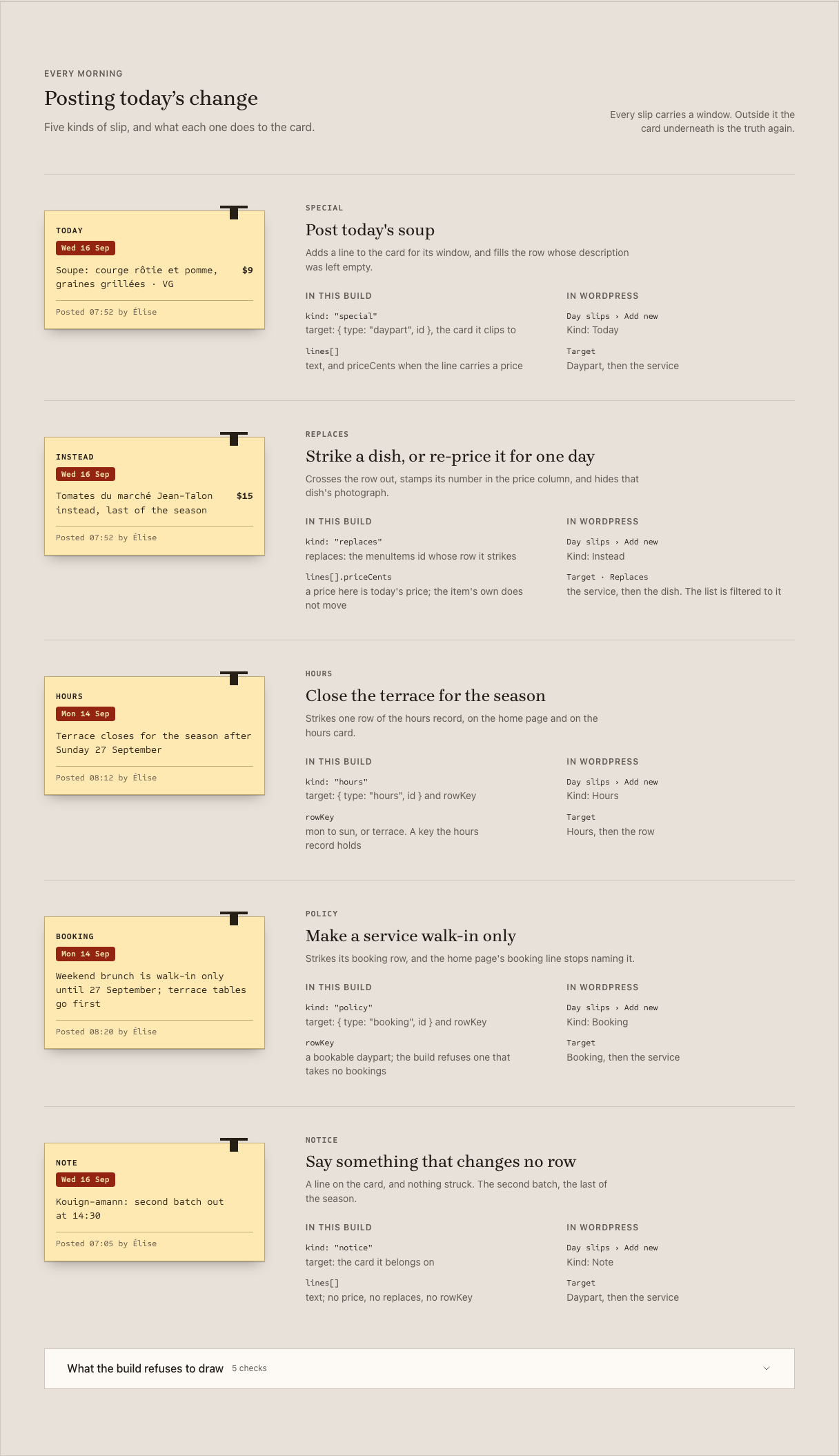Carafe cafe website template Tailwind — handover-slips component