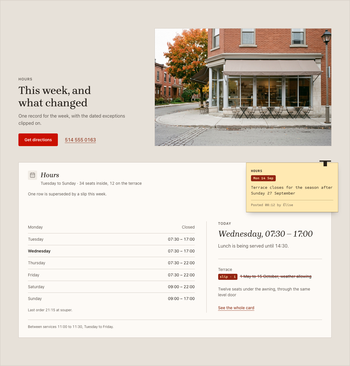 Carafe cafe website template Tailwind — hours-card component