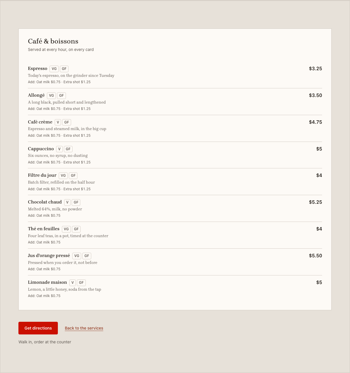 Carafe cafe website template Tailwind — menu-drinks component
